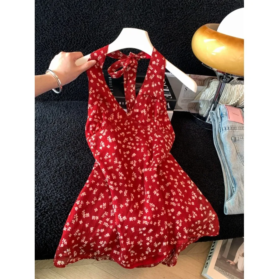 

Sweet Spicy Red Floral V-Neck Hanging Neck Dress Women's Summer Slimming A-Line Short Skirt Lace Shirt Sexy Girl Waist-Cinching
