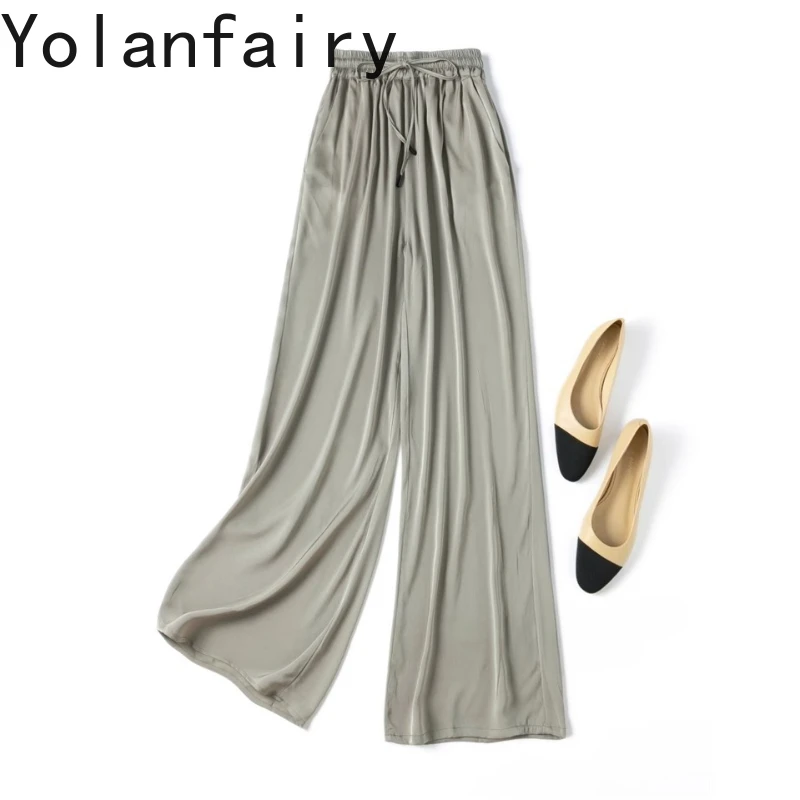 

YOLANFAIRY 19 Momme 93% Mulberry Silk Satin Wide Leg Pants Woman Elastic Waist Casual Pants Trousers Thin New Women's Long Pants