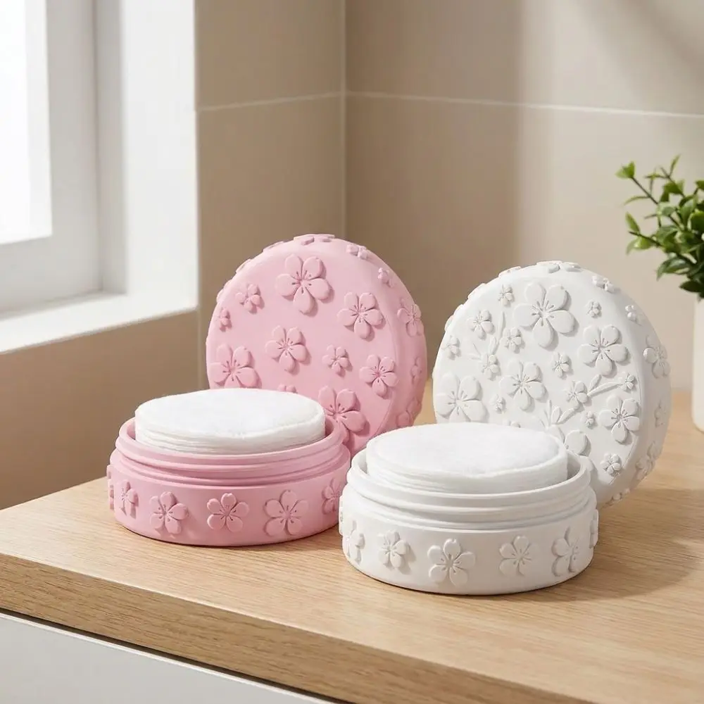 3D Printed Makeup Cotton Storage Box Embossed Cherry with Lid Beauty Storage Jar Dust-Proof Aesthetic Cotton Pad Container