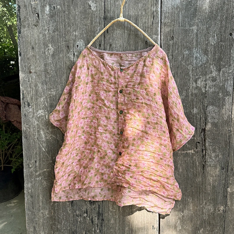 

100% Linen Women Casual Shirt New Arrival 2025 Summer Vintage Style Floral Print Loose Female Short Sleeve Tops Shirts M1824