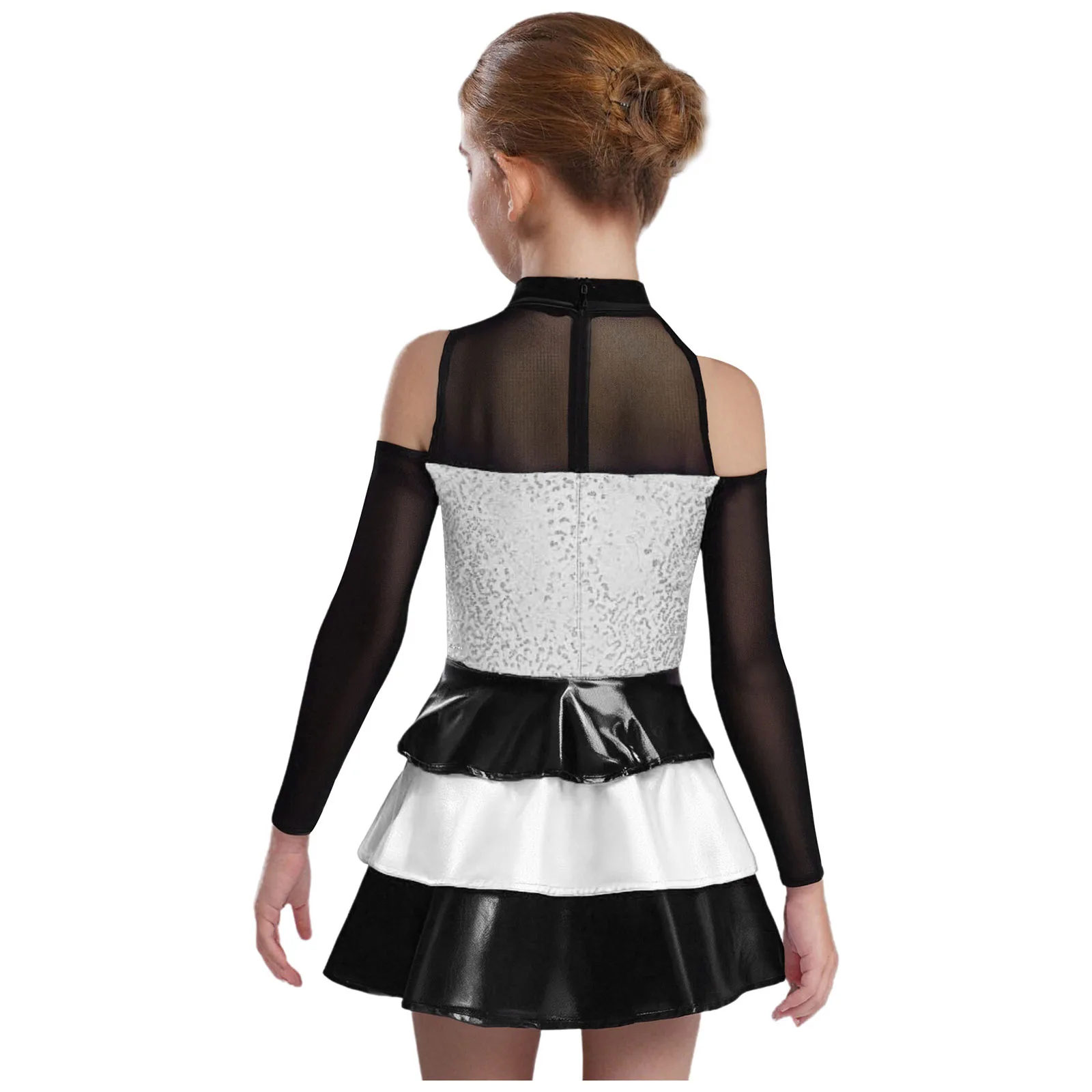 #6-16 Kids Girls Jazz Tango Dance Performance Costume Long Sleeve Cold Shoulder Shiny Tiered Ruffled Dress Jazz Stage Dancewear