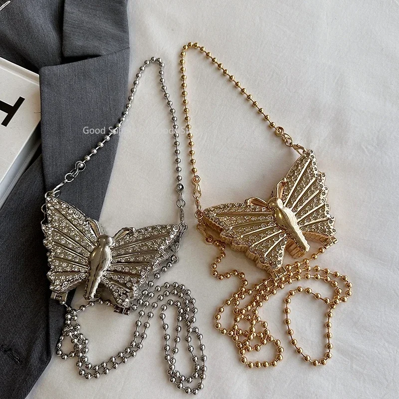 2025 موضة أحمر الشفاه حقيبة محفظة نسائية للعملات المعدنية للنساء فراشة شكل حقيبة كروسبودي صغيرة فاخرة مصمم الماس الذهب والفضة حقيبة صغيرة