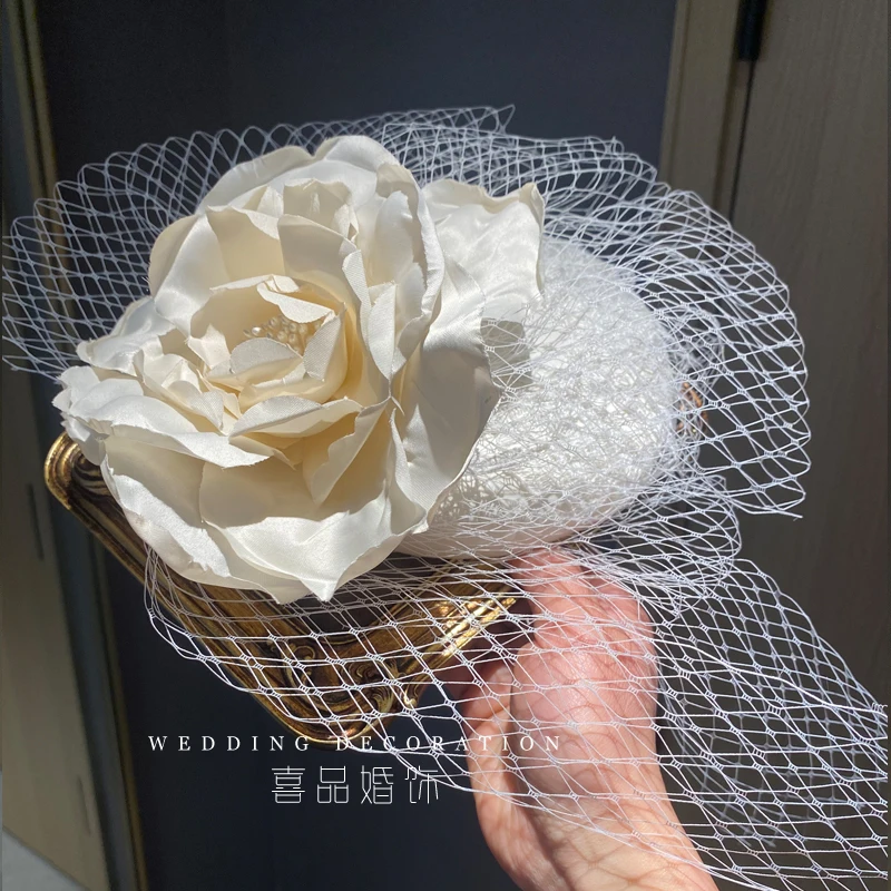 

Large Flower Fascinator Hat Headdress with Face Veil Elegant Bridemaid Church Photo Shooting Mini Fascinators Party Formal Hat