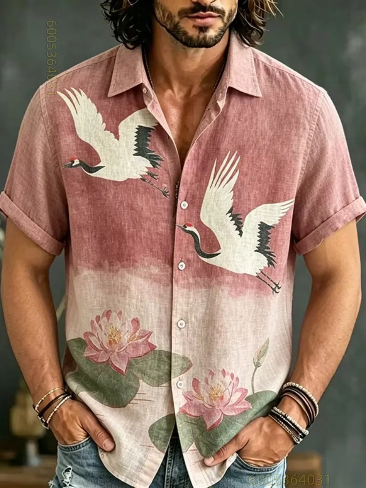 Men's shirt with crane and lotus print, Hawaiian style, short-sleeved collar, casual wear, suitable for everyday commuting.
