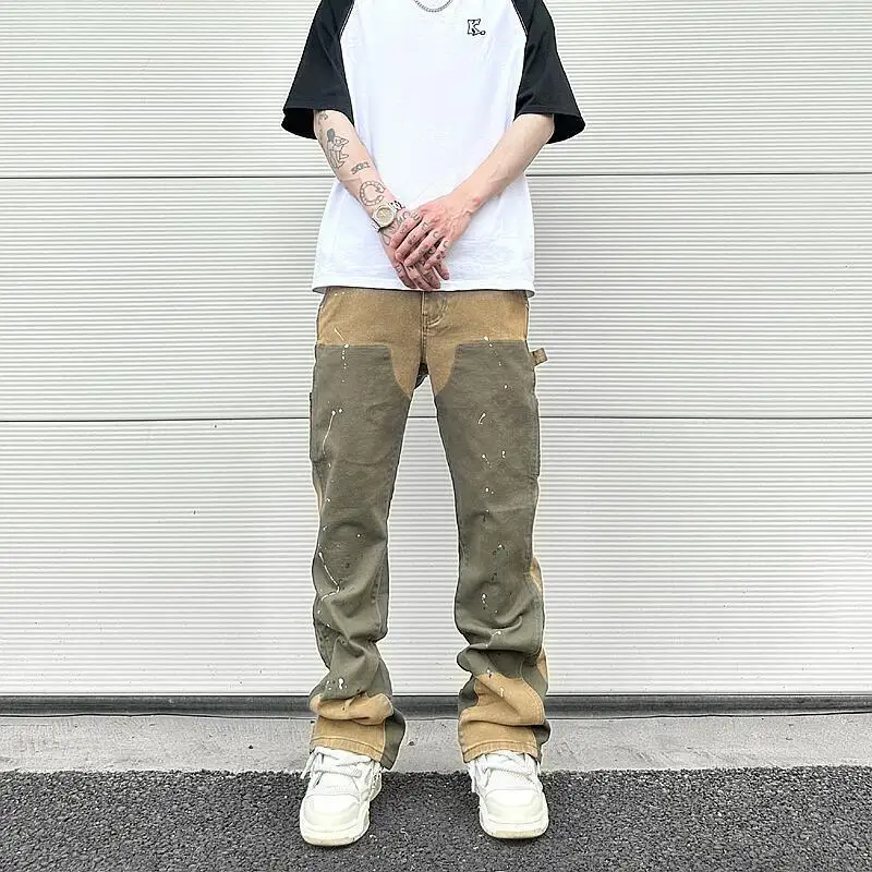 

Foufurieux Spring High Street Splicing Splash Ink Flare Pants Men Clothing Casual Washed Slim Fit Straight Leg Jeans for Men