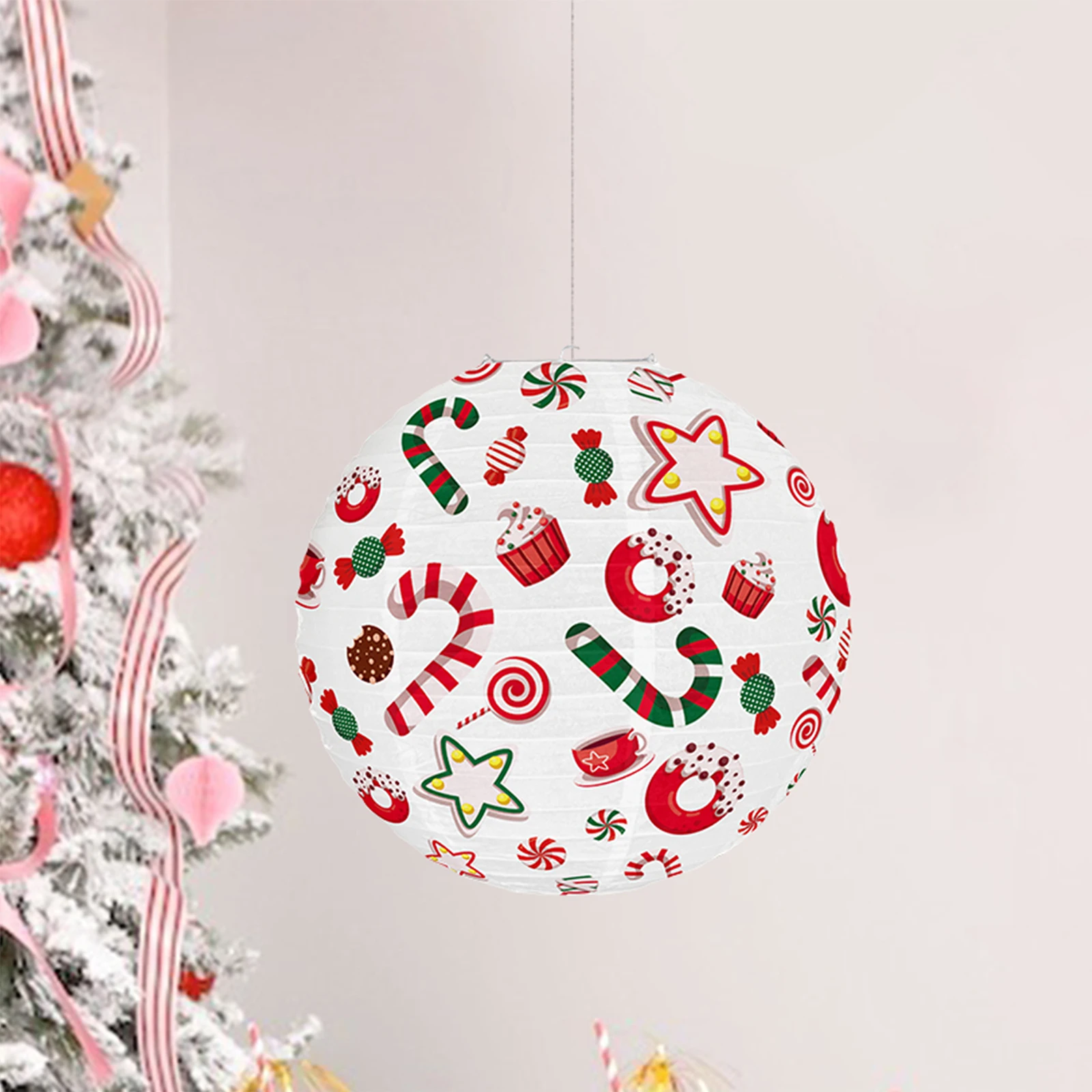 30cm Christmas Hanging Paper Lanterns Reindeer/Candy Cane Print Christmas Tree Ornaments 2025 New Years Hanging Lanterns Pendant