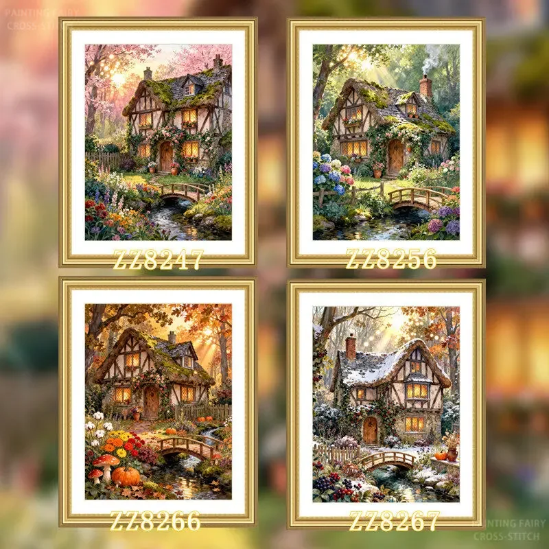 Forest Four Seasons Cabin Series 11CT 14CT 16CT DIY Stamped Cross Stitch Kit with Printed Canvas and Cotton Threads Embroidery
