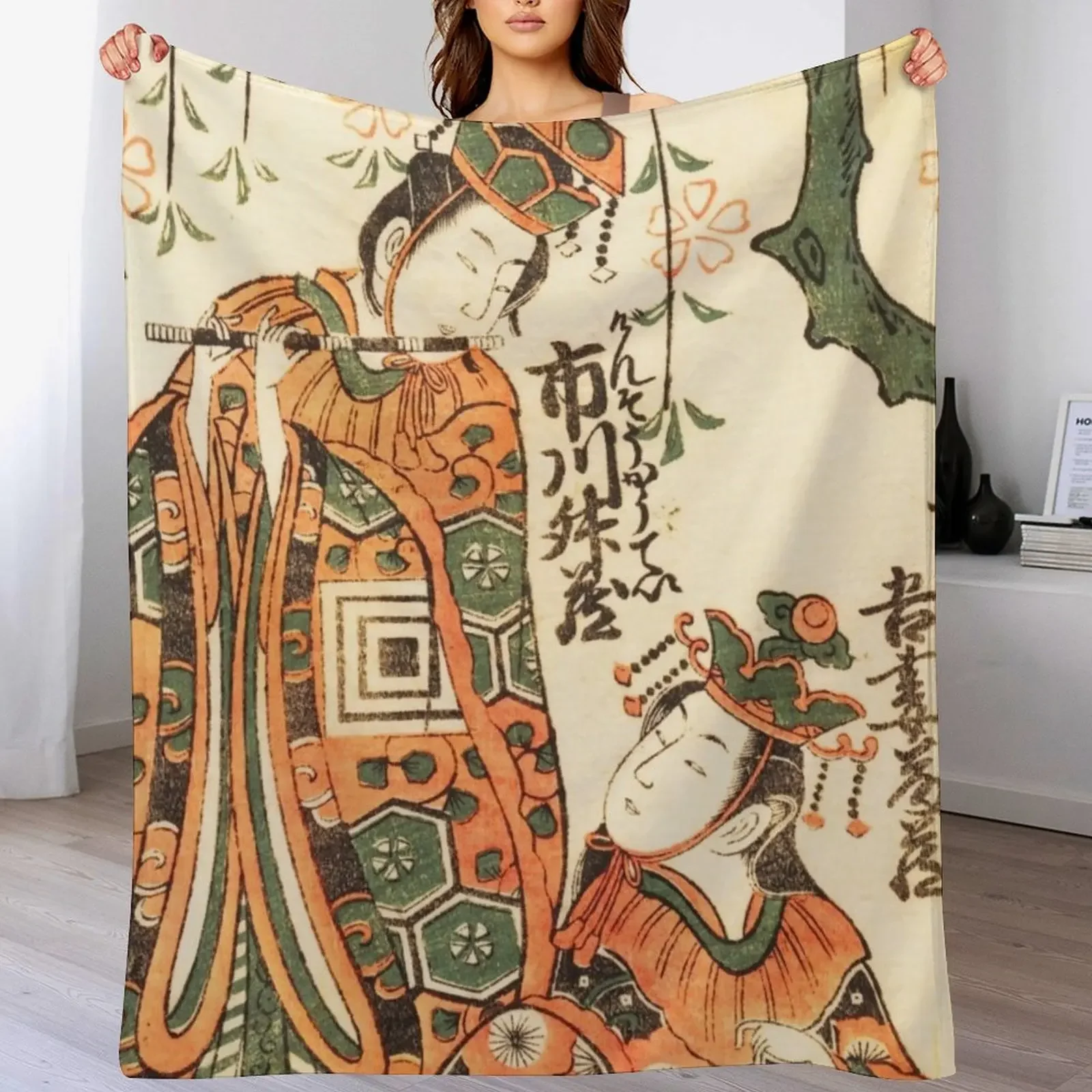 Classical Japanese Art: Scene from the Play Keisei Kaneni Sakura by Torii Kiyohiro Throw Blanket Heavy Picnic Quilt Blankets