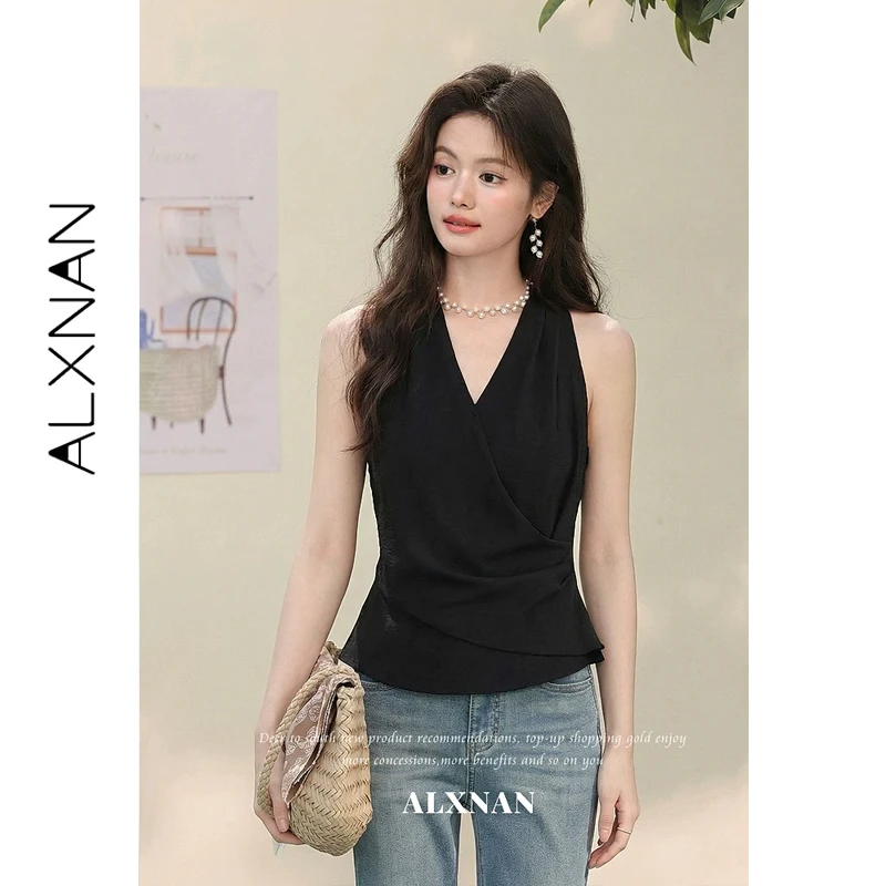 ALXNAN Black Halter Tank Top Women 2026 Summer V-neck Cross Waist Slim-fit Sleeveless Top Fashion Elegant Female Tops L639108A