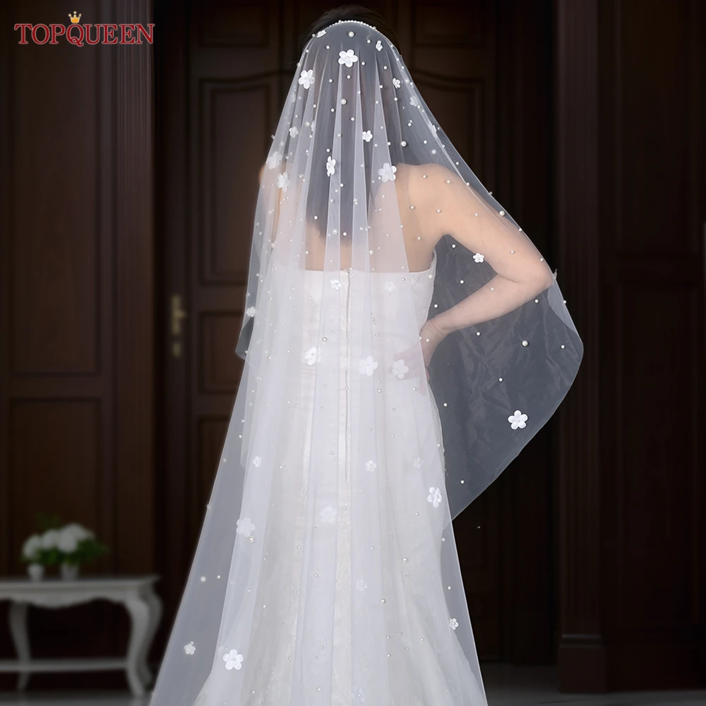 

TOPQUEEN Pearls Beaded Wedding Veils with Comb 3D Flower Bridal Veil 1 Layer Dramatic white off white Ivory Veils Chapel V245