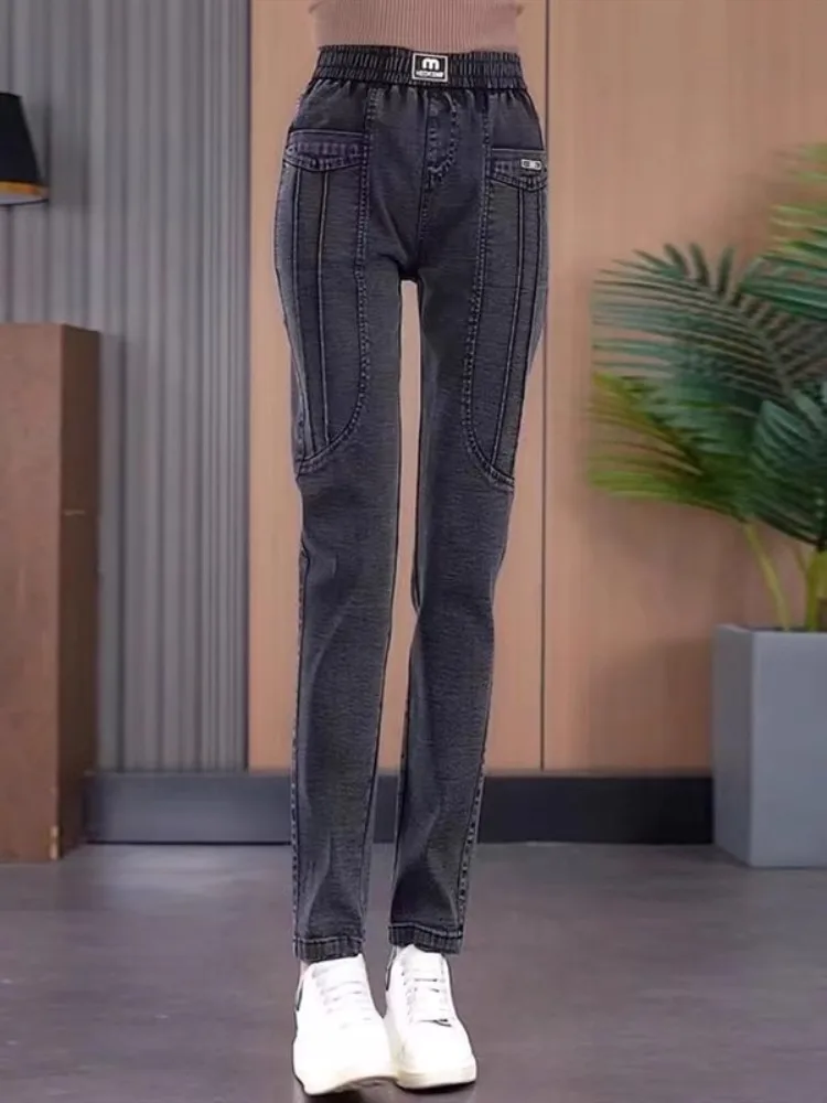 

Женские джинсы Mom's Loose Elastic Denim, весенне-осенние, новые, модные, универсальные, утягивающие, фасона Харлан, с высокой талией, черные