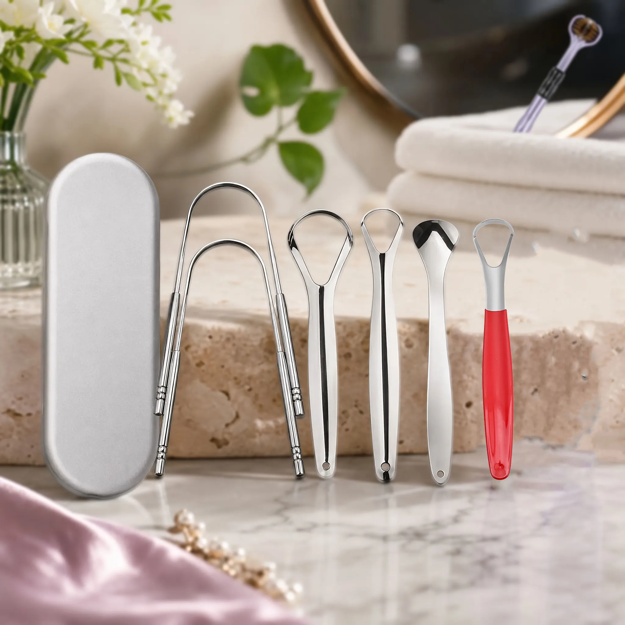 2/3/5/6Pcs Stainless Steel Tongue Scraper,U-shaped Large Tongue Cleaner with Red Non-Slip Handle,Portable Storage Case for Home