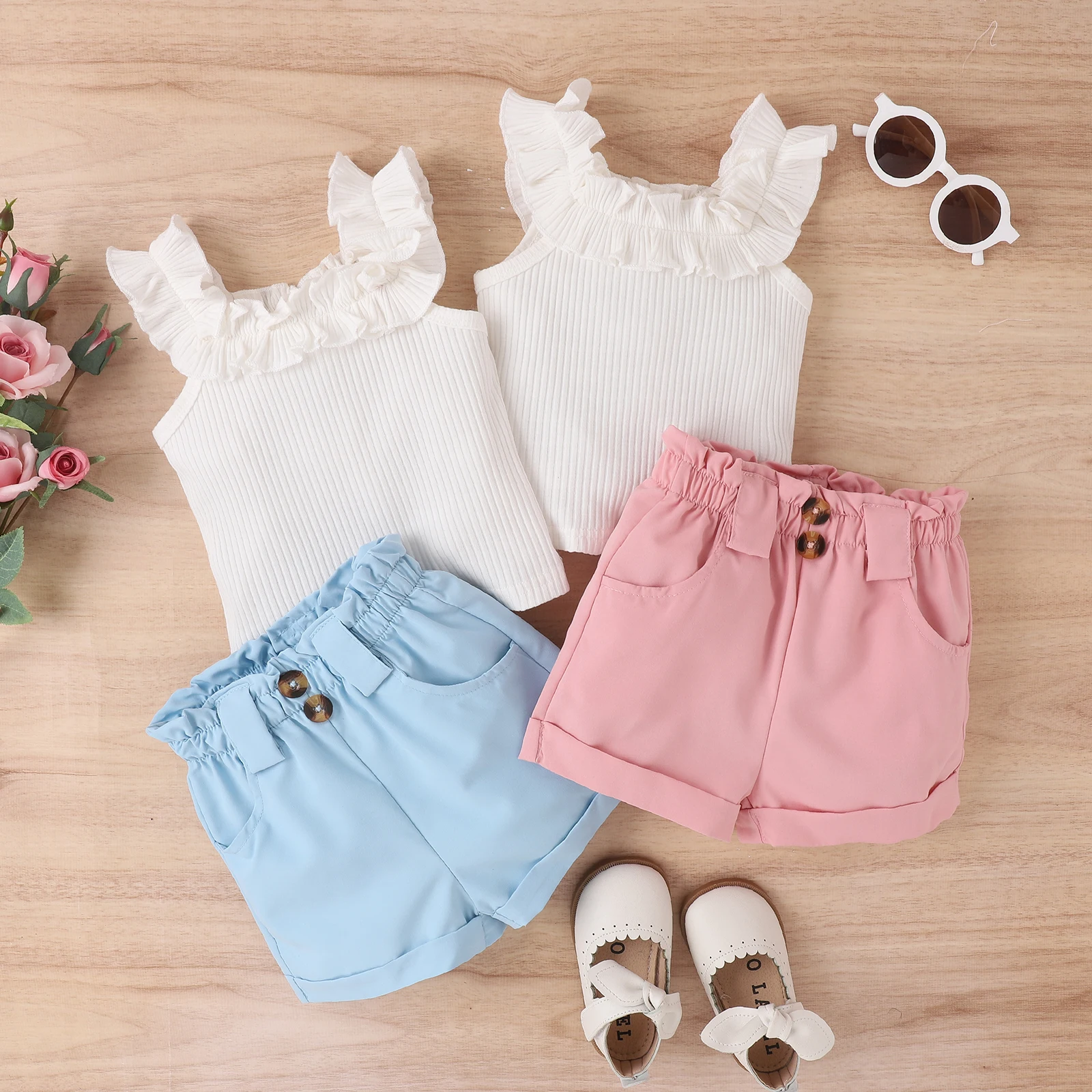 2PCS Summer 0-5 Years Old Baby Girls Soft And Comfortable Beautiful Pink Blue Two Color Lace Suspenders + Solid Color Shorts