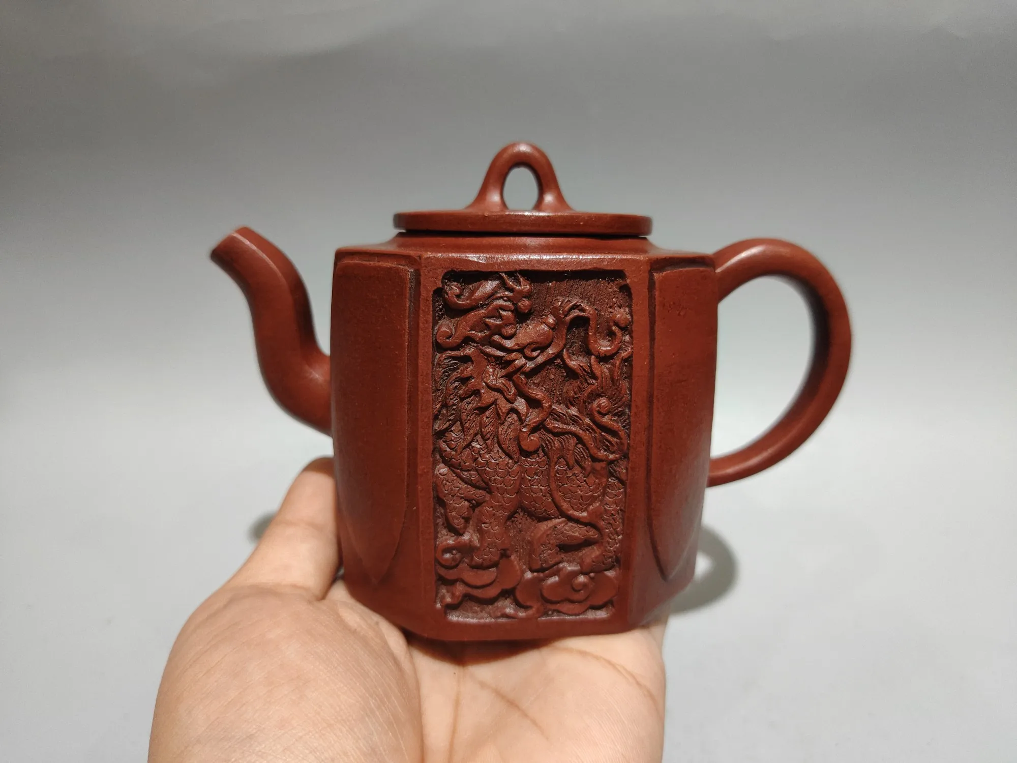 Yixing Purple Clay Pot High relief sculpture Square corner drawing Kirin Pot Antique colored teapot kettle teapot Tea Charm