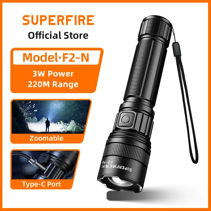 

НОВЫЙ тактический фонарик SUPERFIRE F2-N с зумом и фокусом, компактный алюминиевый фонарь USB-C, перезаряжаемый, водонепроницаемый уличный фонарь
