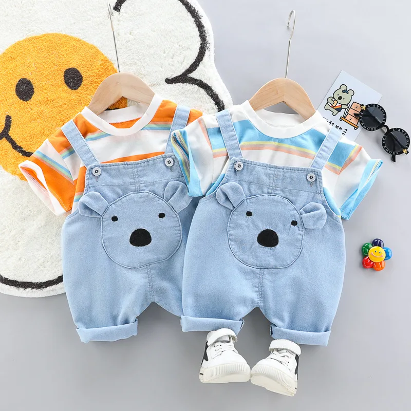 Quality Summer Baby boys Clothes Sets toddlers Children\'s Denim Overalls + Short T-Shirt Cute