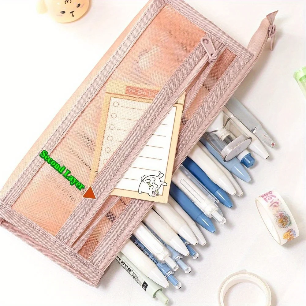 2/4 Pack with Random Colors, Triangular Mesh Storage Pencil Case, Transparent Mesh Student Exam Stationery Bag, Children's Pencil Bag, Double-Layer Three-Dimensional Large-Capacity Stationery Box