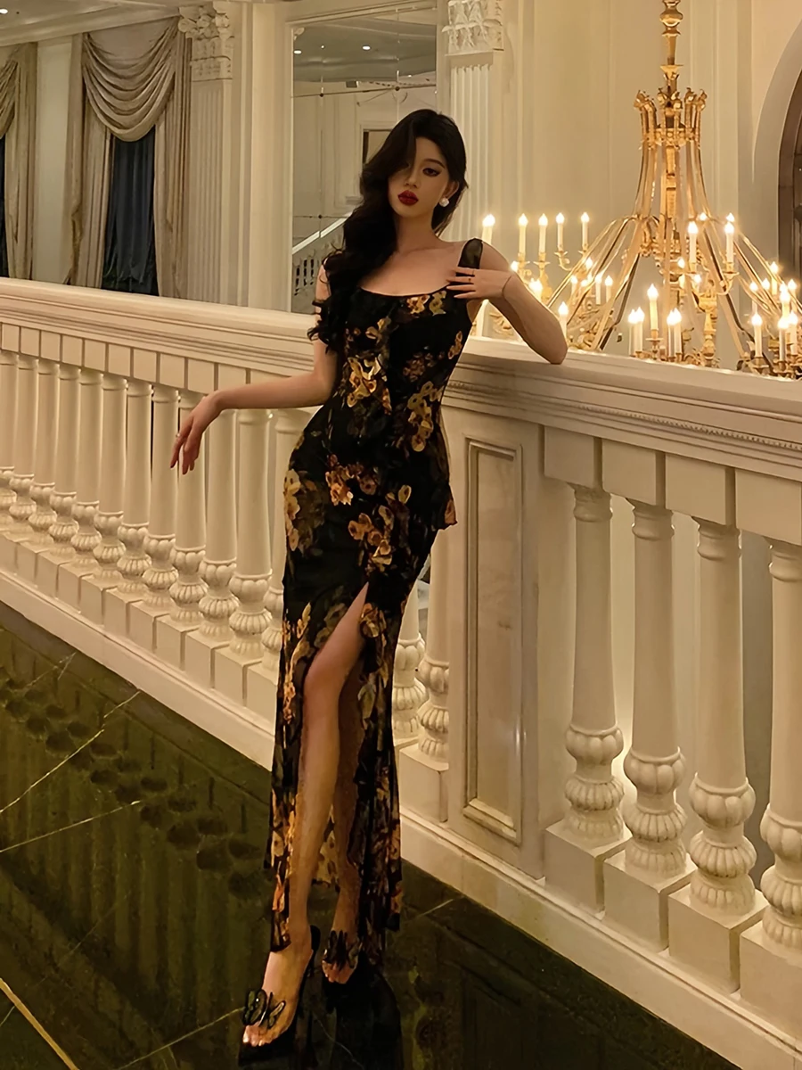 ReddaChic Damska Sukienka z Szyfonu w Kwiaty z Falbankami, Krótkie Rękawy, Kwadratowy Dekolt, Top na Ramiączkach, Rozcięcie, Długa Sukienka typu Rybka, Letnia Odzież w Stylu Boho