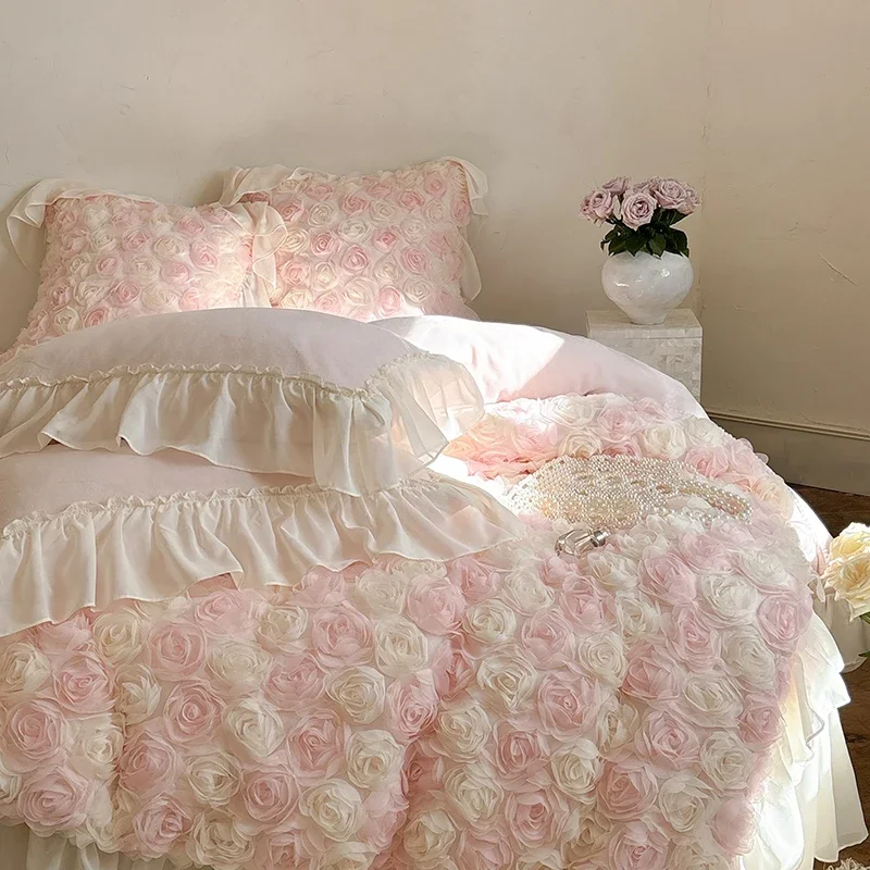

Three-Dimensional Rose Flowers Lace Ruffles Princess Wedding Bedding Set Warm Milk Velvet Duvet Cover Bed Sheet Pillowcases 4Pcs