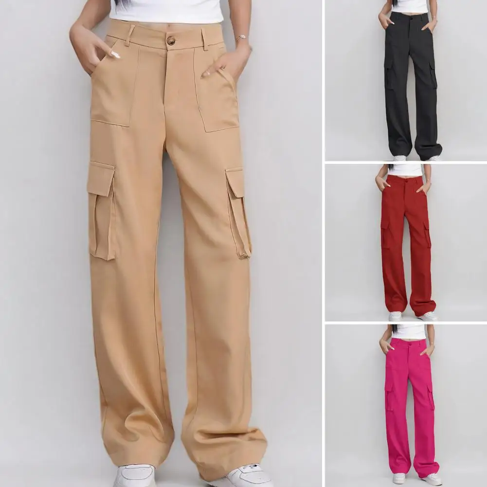 Multi-pocket Design Pants Stylish Women's High Waist Cargo Pants with Button Zipper Fly Casual Loose Fit for Long-lasting