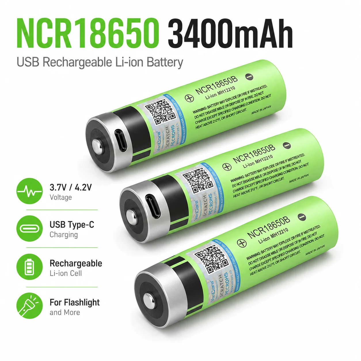 NCR18650 3400mAh Rechargeable Lithium Battery 3.7V 4.2V USB Charging 18650 Li-ion Cell for Strong Light Flashlight