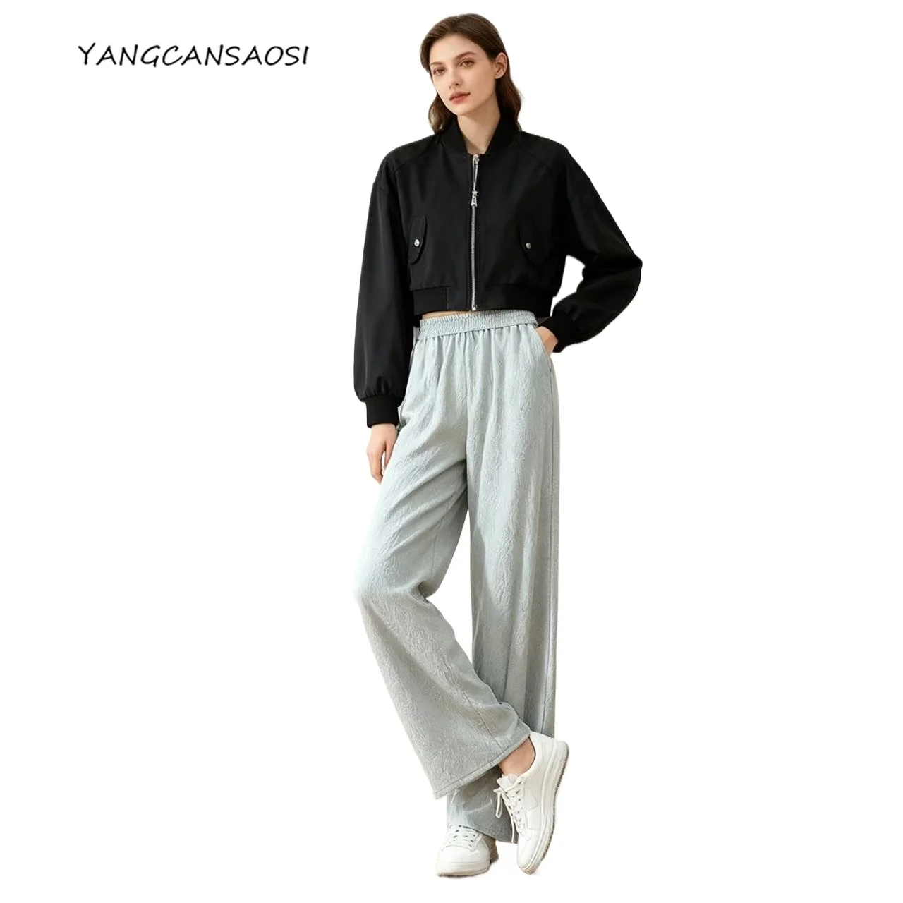 

Women's Fashion Clothing 100% Natural Mulberry Silk GuanLe Crepe Elastic High Waisted Solid Color Casual Straight Leg Pants