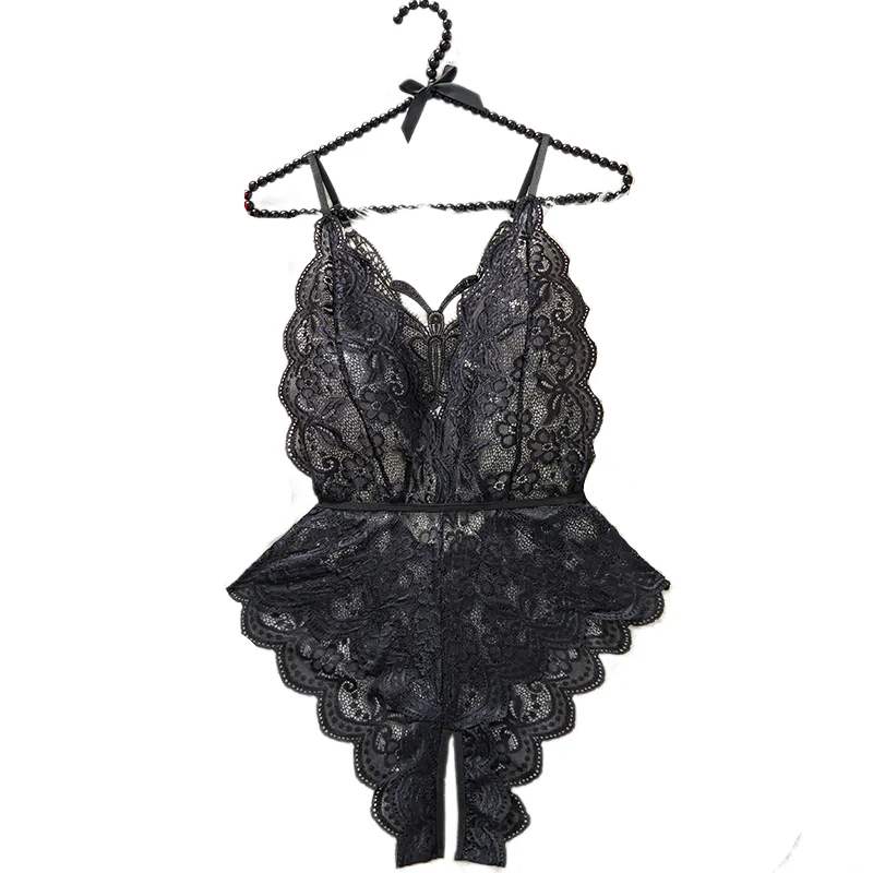plus size Black Deep V Backless Butterfly Pattern Bodysuit Lingerie Sexy Women's One-piece Hollow See Through Lace Underwear