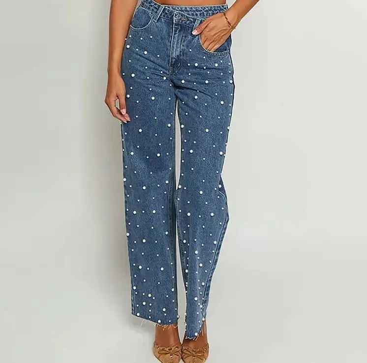 

Elegant Pearl Beading Jeans Women Streetwear Y2K Pants Vintage Denim Baggy Pants Chic Women Clothing Fashion 2025