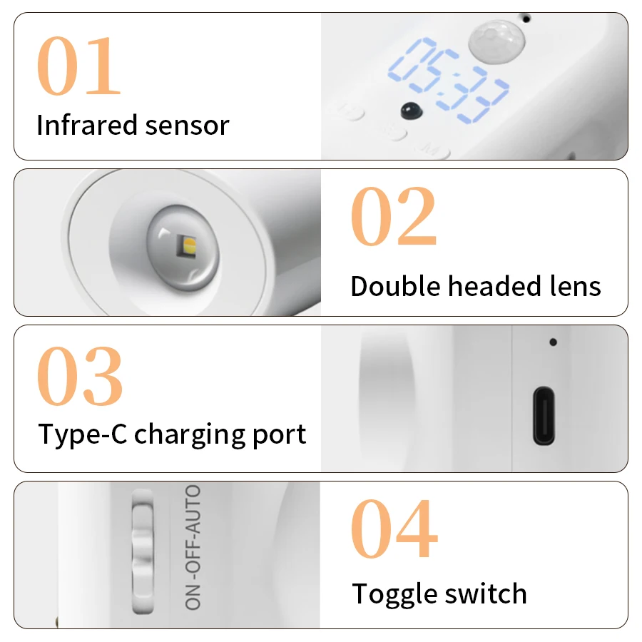 Lampada da parete magnetica a induzione del corpo umano, ricarica a LED, telecomando, orologio da comodino, luce notturna per l'uso nei corridoi e nei corridoi