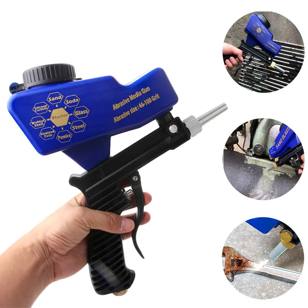 Blue Portable Sand Blaster, Adjustable Sand Blasting Flow, Diamond and Glass Beads Compatible, 600cc Tank Capacity