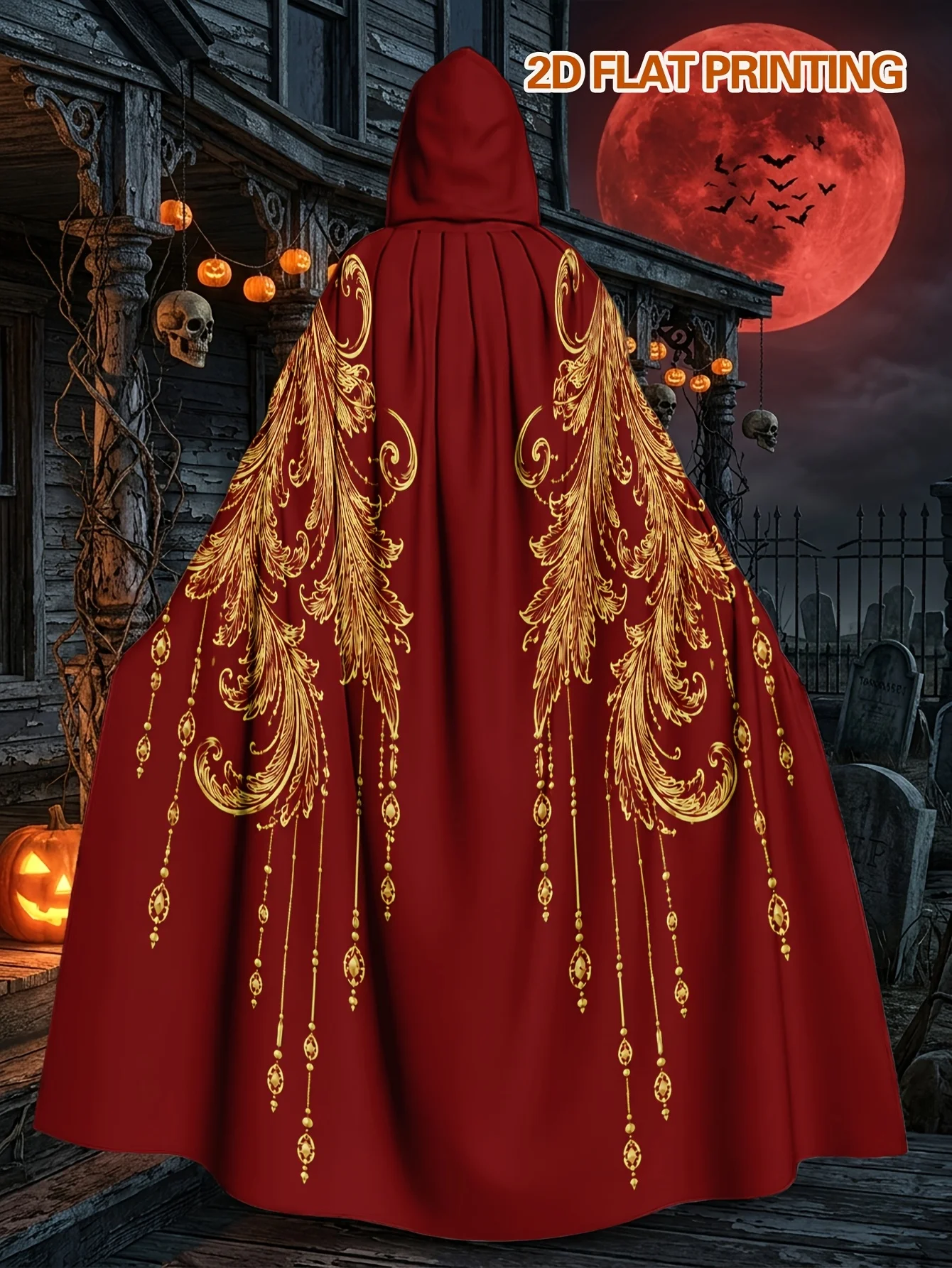 1pc Men' Hooded Cape Robe Costume with Golden Flourish Pattern - Loose-Fit Stretchable Polyester Hooded Dress Suitable for Hallo