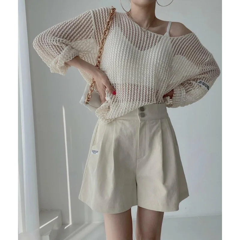 Deeptown Vintage Y2K Knitwear White Women\'s Sweater Hollow Out Knit Oversize Spring Korean Fashion Pullovers Streetwear Casual