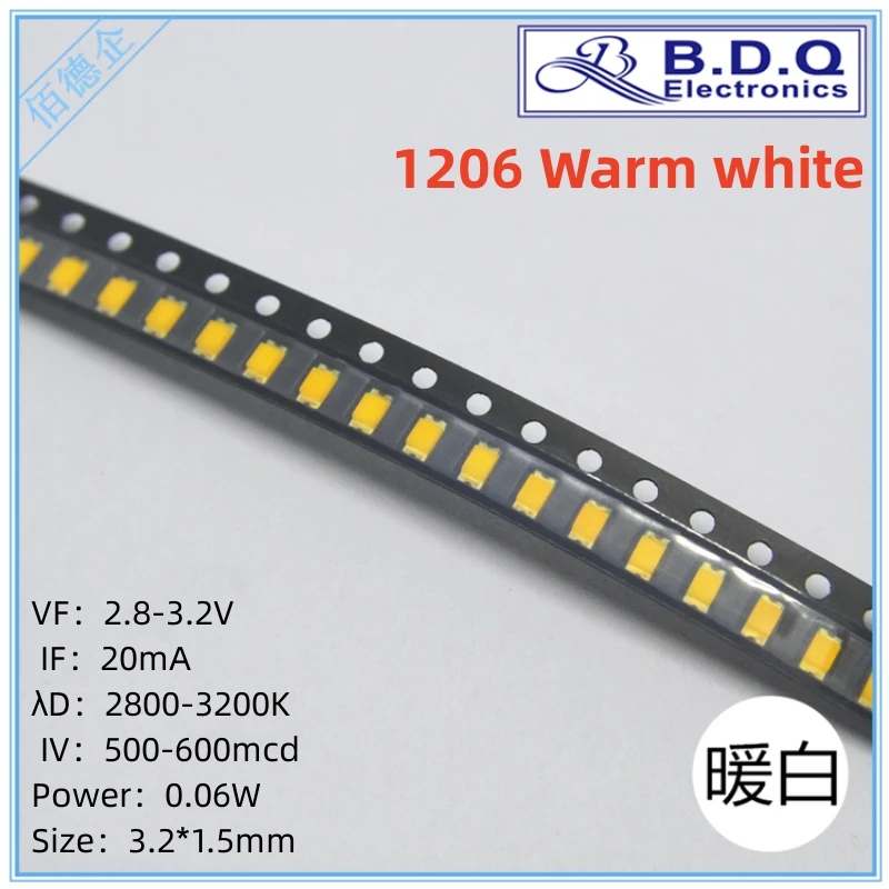 

1206 Warm White LED Lamp Beads SMD LED Light Size 3215 Light-emitting Diode High Bright Quality 100pcs