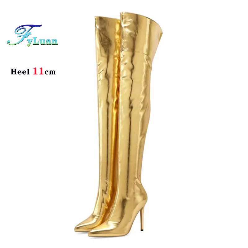 

11CM High Heel Glossy PU Leather Over The Knee Boots Woman 2025 New Yellow Pointy Toe Thigh High Boots Stiletto Zip Women Shoes