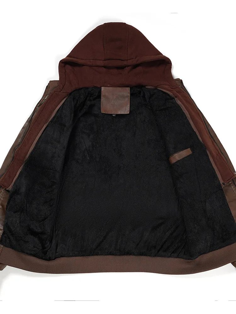 

Trendy Large Size Genuine Leather Jaet Men's Autumn Winter Motorcycle Riding Coat Hooded Fce Lined Thiened Outerwear