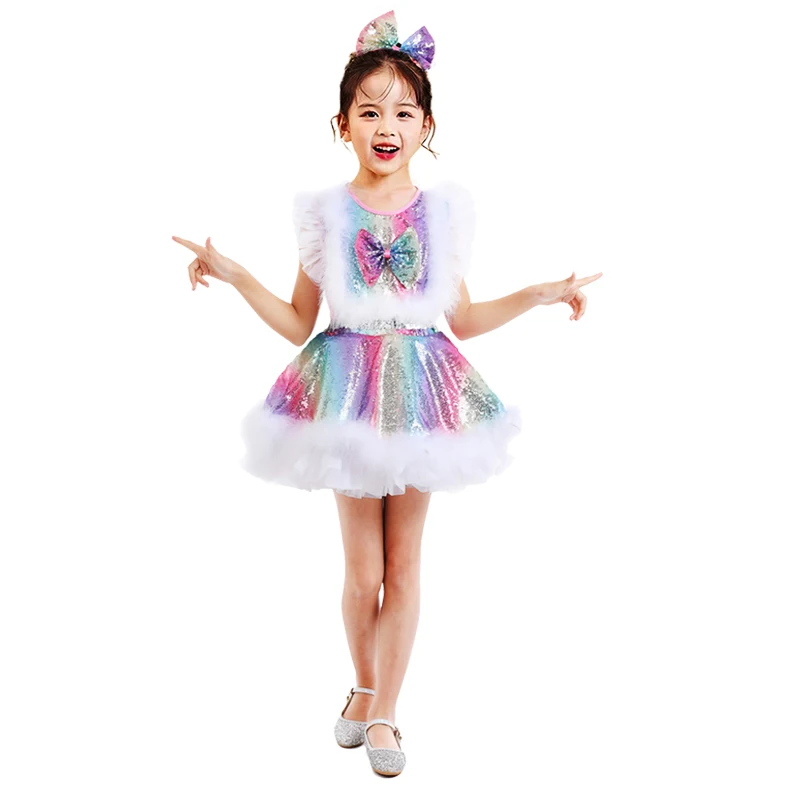 Kids Ballroom Clothing Sequined Modern Dance Tutu Dress Girls Jazz Dance Dresses For Prom Stage Wear Wedding Princess Dress