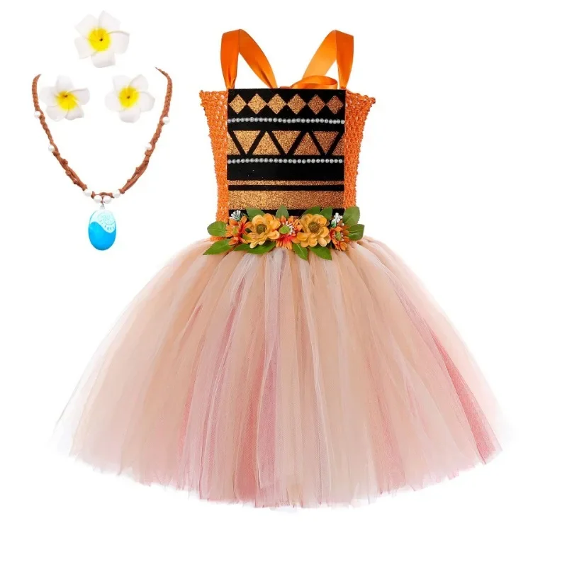 Anime Characters Costumes Girls Pocahontas Princess Dresses with Necklace Kids Girl Christmas Halloween Outfit Birthday Tutus