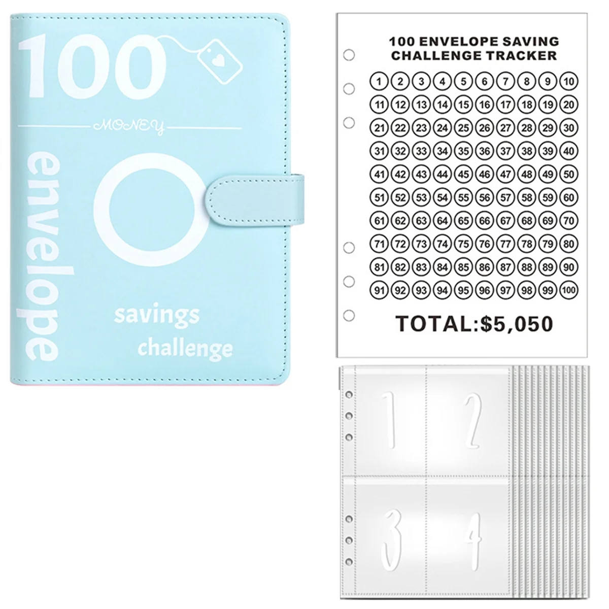 100 Envelopes Money Saving Challenge, 100 Envelope Challenge Binder, Money Saving Binder, Budget Book (Blue)