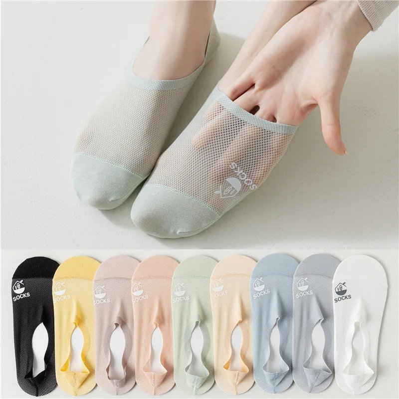 1 Pair Hollow Out Mesh Breathable Sock Slippers Silicone Non-slip Low Cut Ankle Boat Socks Women Summer Invisible No Show Socks