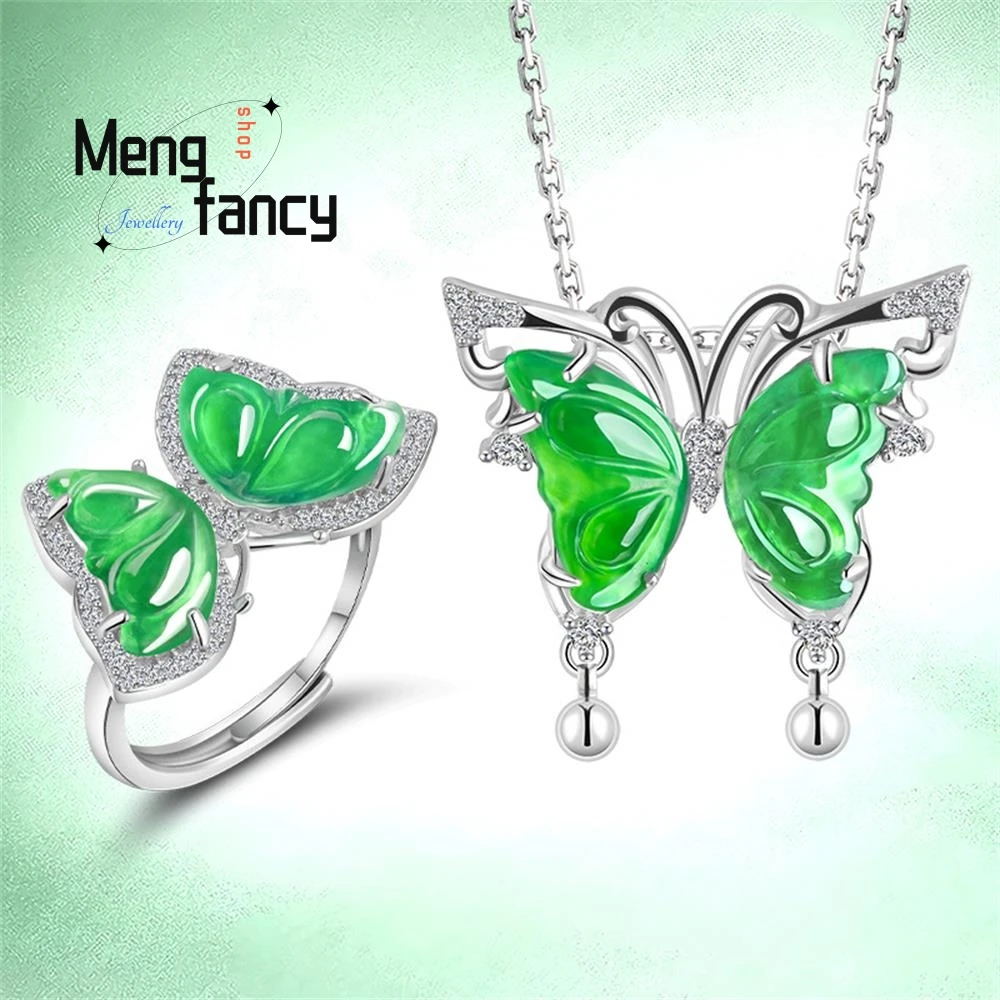 Genuine Natural A-goods Jadeite Yang Green Butterfly Ring Pendant Icy Jade S925 Silver Inlaid Sexy Young Girls Fashion Jewelry