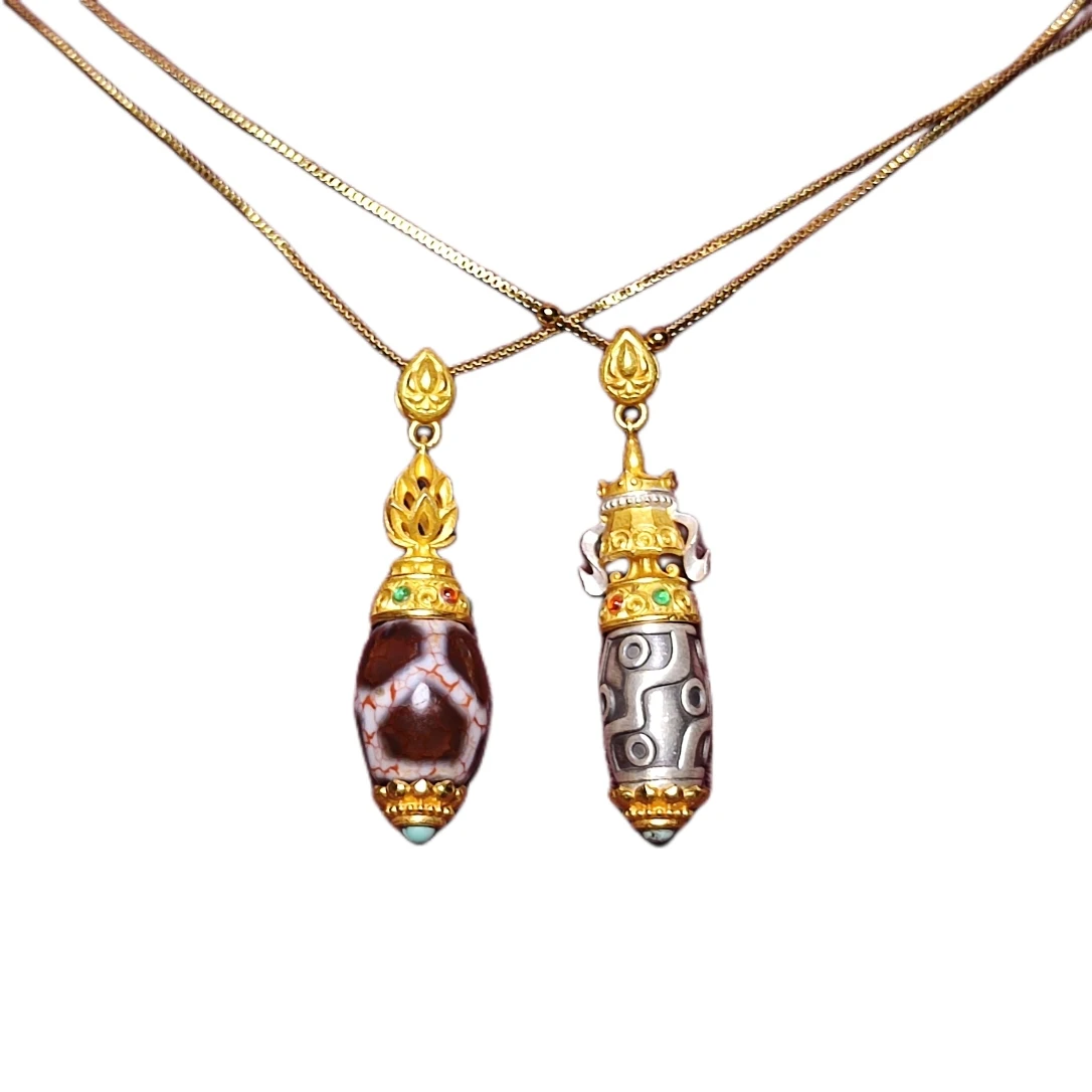 Tibetan Multiple Totems Daluo Dzi Blood Silk Agate Dzi Beads 3D 999 Silver S925 Plated Gold Combination Pendant Free Shipping