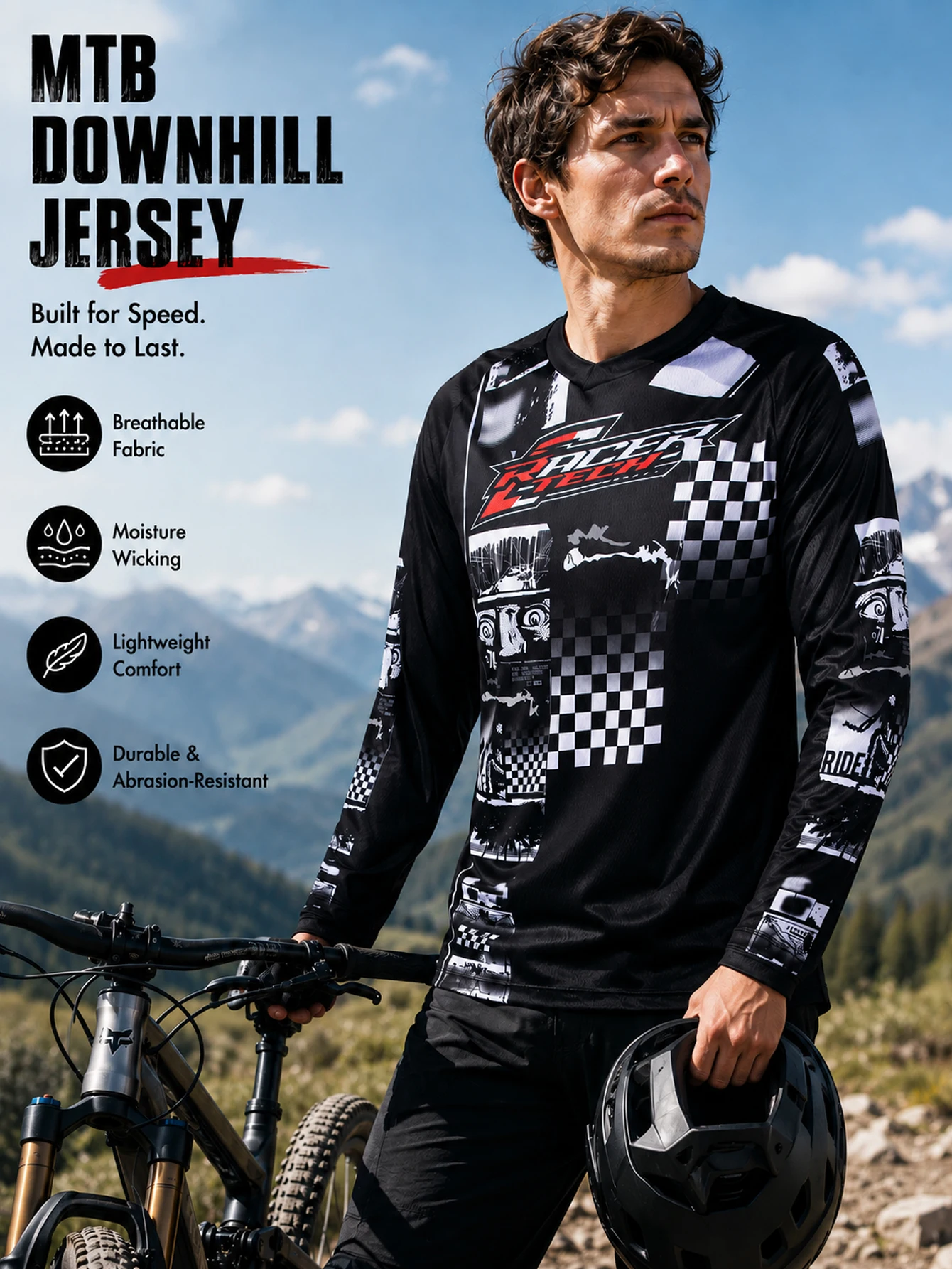 MTB Motocross Jersey for Men Quick Dry Breathable Long Sleeve Cycling Shirt for BMX Downhill Racing Mountain Biking