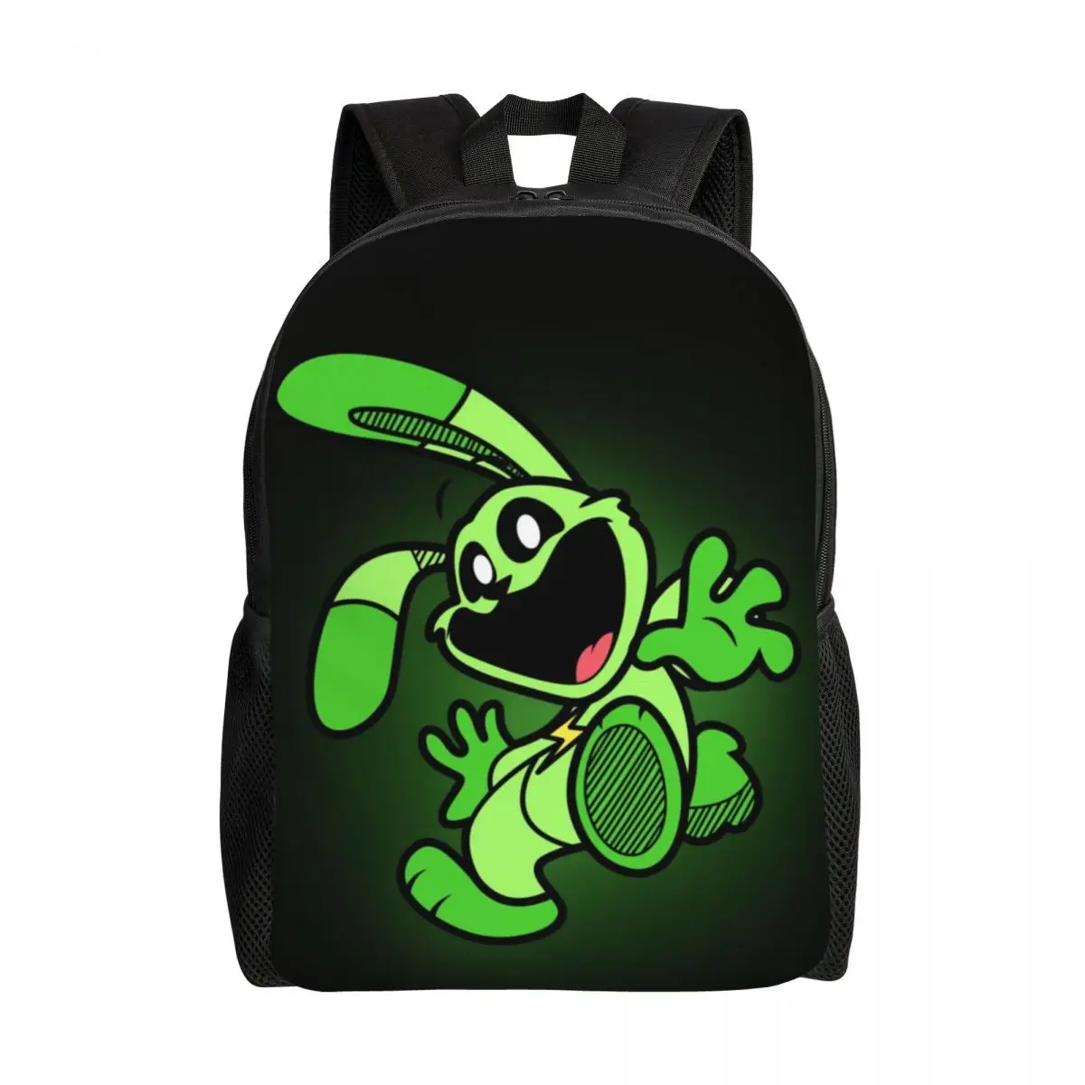 

Custom Green Smiling Big Mouth Rabbit Critters Backpack for Girls Boy Animated Game School College Travel Bags Women Men Bookbag