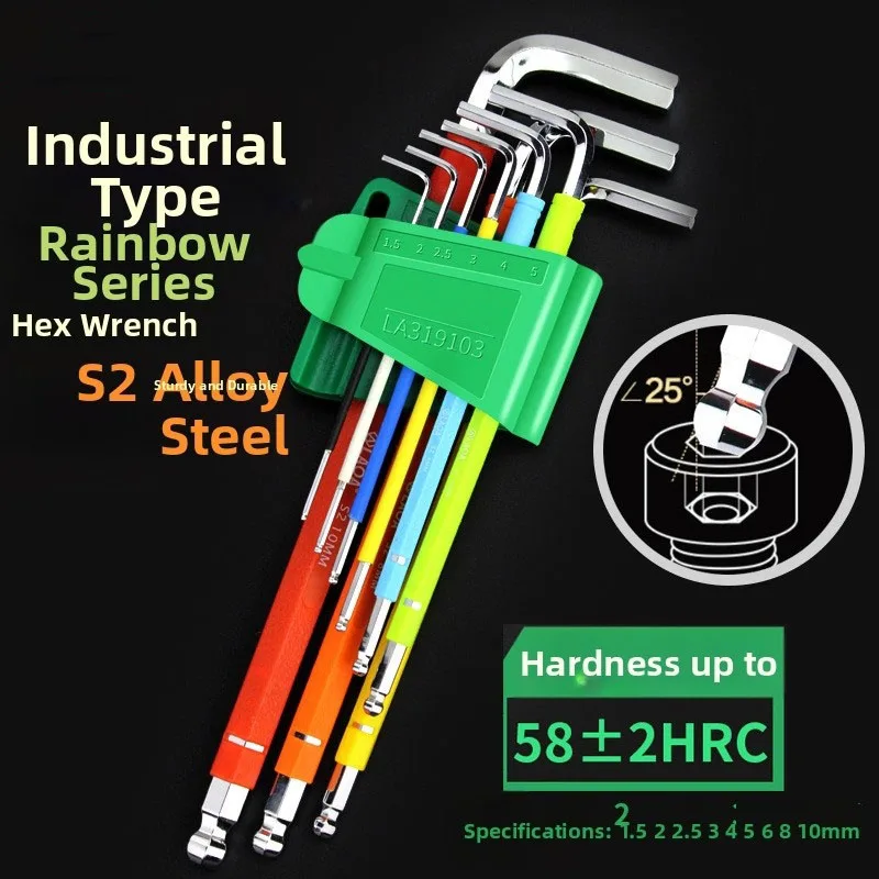 Alloy Steel 9 Piece Hex Wrench Set Featuring Magnetic Ends 25 Degree Angle and Color Coded Sizes 1.5mm to 10mm