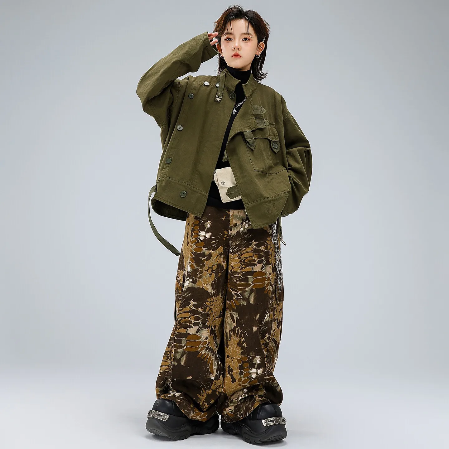 Kid Kpop Hip Hop Clothing Army Green Strap Cargo Jacket Top Snake Pattern Cargo Pants for Girl Boy Street Dance Costume Clothes view 5