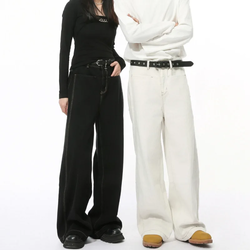 SYUHGFA ผู้ชายกางเกงยีนส์ 2025 ฤดูใบไม้ผลิอเมริกันวินเทจตรงซักผ้าสีทึบอเนกประสงค์ขากว้างกางเกงยีนส์ชายแนวโน้ม