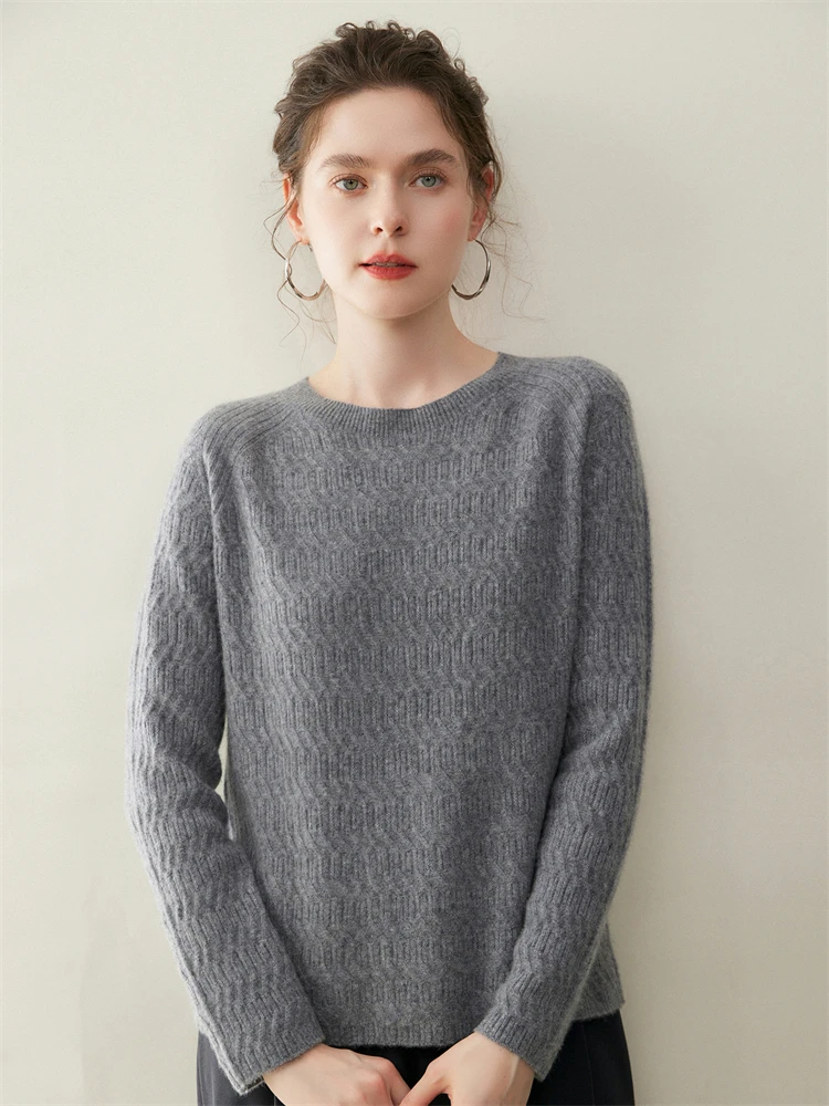 Nowy sweter damski ze 100% kaszmiru na rok 2025, okrągły dekolt, wzór w warkocze, swetry na wiosnę, jesień i zimę, dzianina z kaszmiru koziego, odzież, topy.
