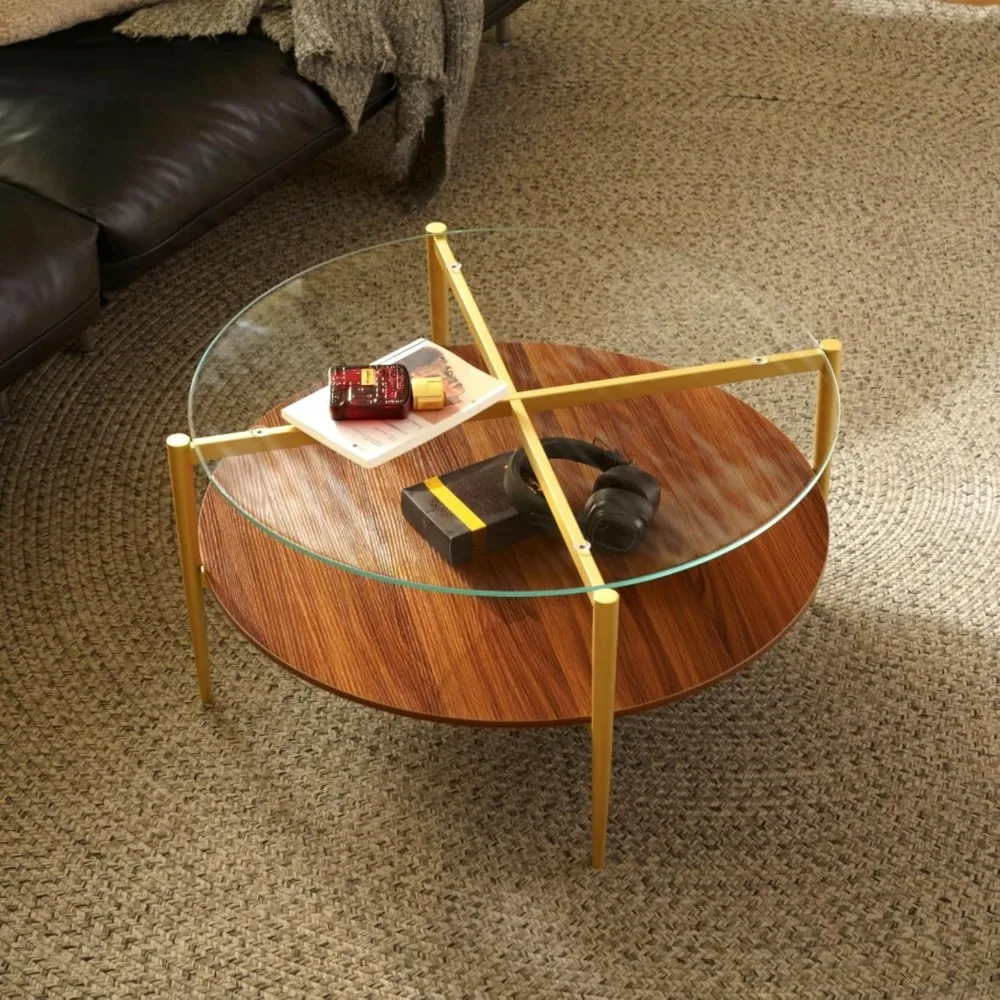 Saint Mossi BLEVIO Glass Round Coffee Table, Middle-Century Modern Style, Perfect for Living Room, Clear Glass Top & Walnut Brow