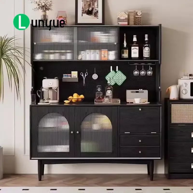 Medieval Style Solid Wood Side Cabinet Double Door Tea Storage Cupboard with Drawers for Dining Room Living Room Furniture
