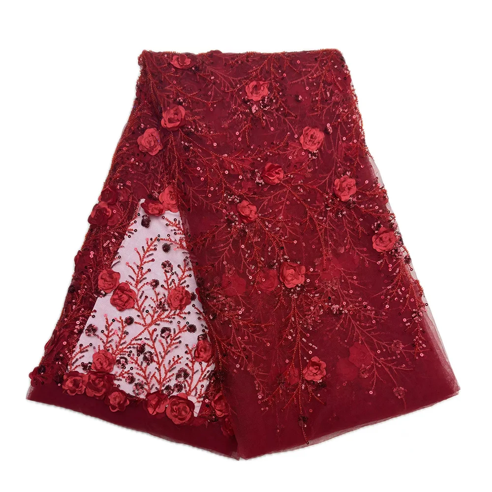 

Luxury 3D Flowers Sequins Lace Fabric Nigerian 5 Yards Tulle Lace For Sewing Wedding Dress Women Applique Flowers Party Material